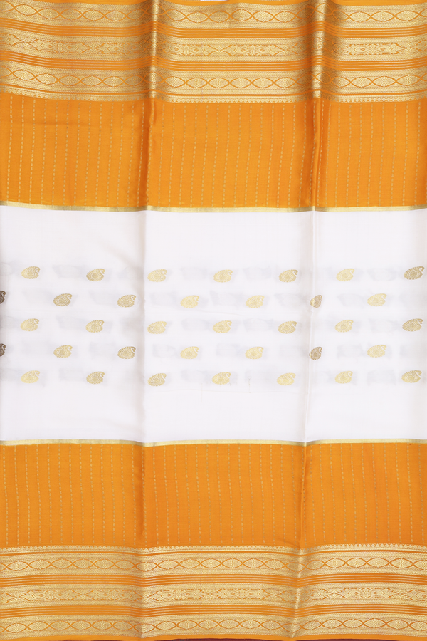 Mysore Silk Saree In White And Mustard With Paisley Buttas