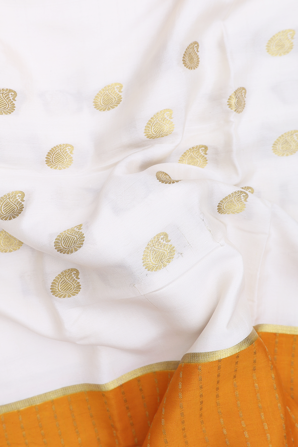 Mysore Silk Saree In White And Mustard With Paisley Buttas
