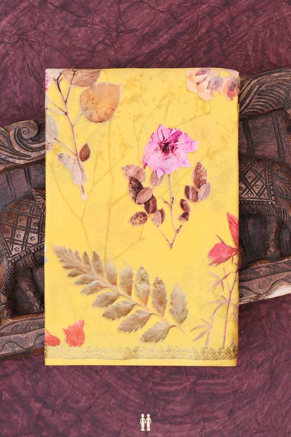 Mysore Silk Saree In Yellow With Floral Printed Design