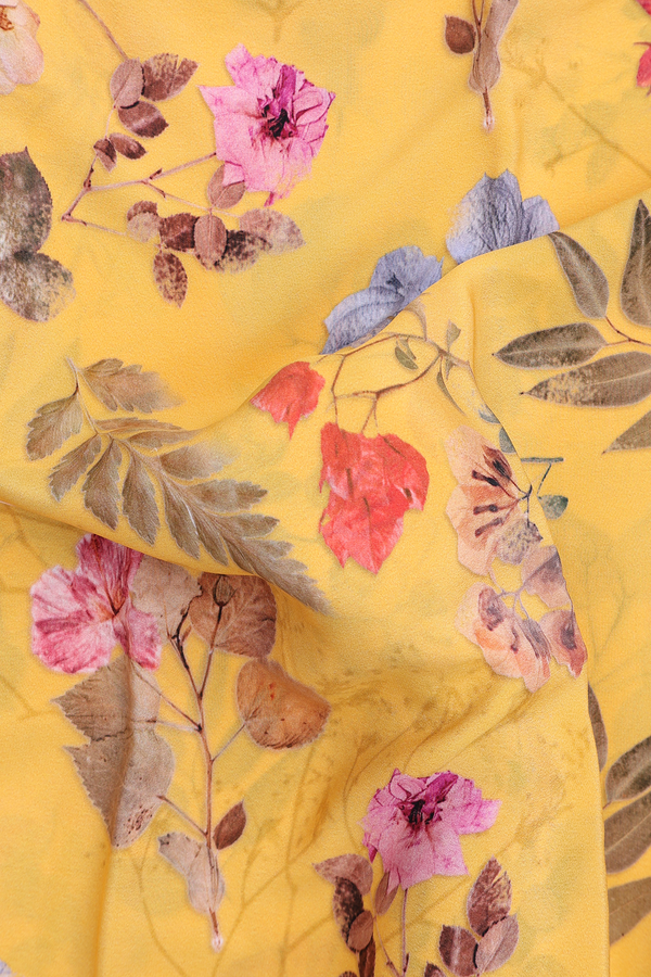 Mysore Silk Saree In Yellow With Floral Printed Design