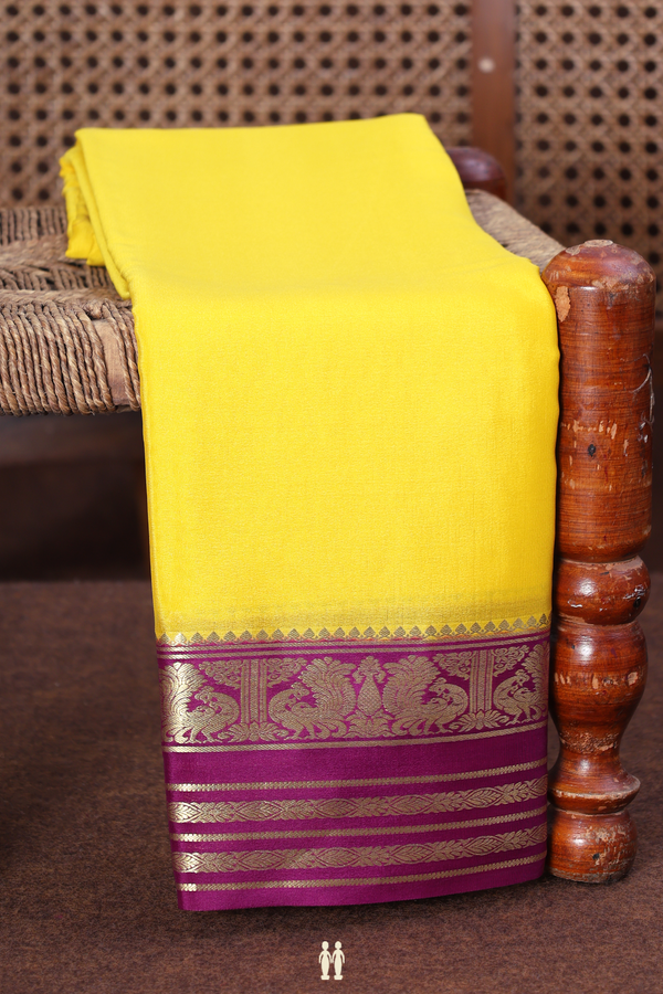 Mysore Silk Saree In Yellow With Peacock Border