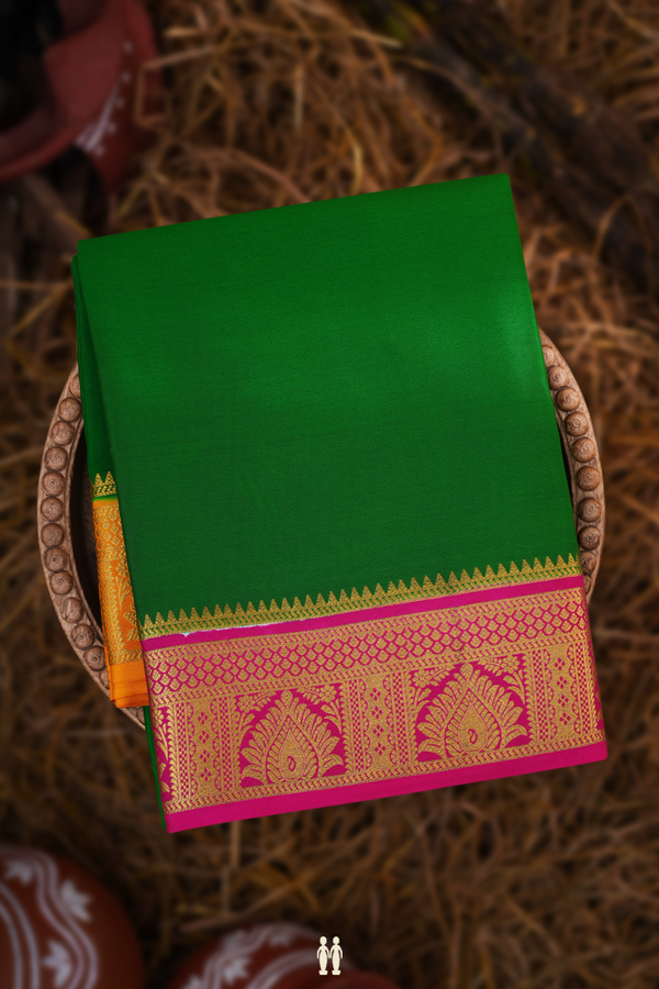 Mysore Silk Saree Plain Bold Green With Ganga Jamuna Border