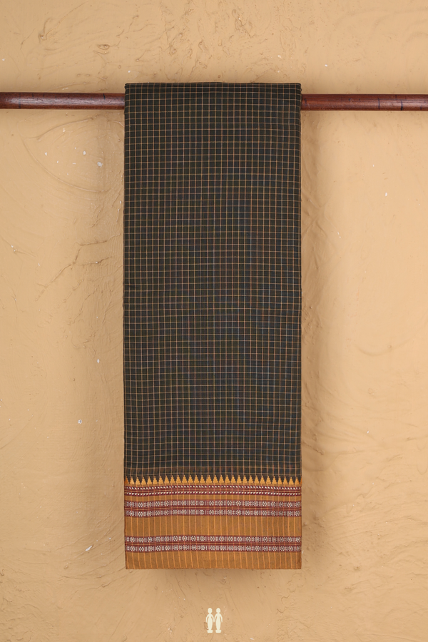 Narayanpet Cotton Saree In Dark Olive Green With Checks Design