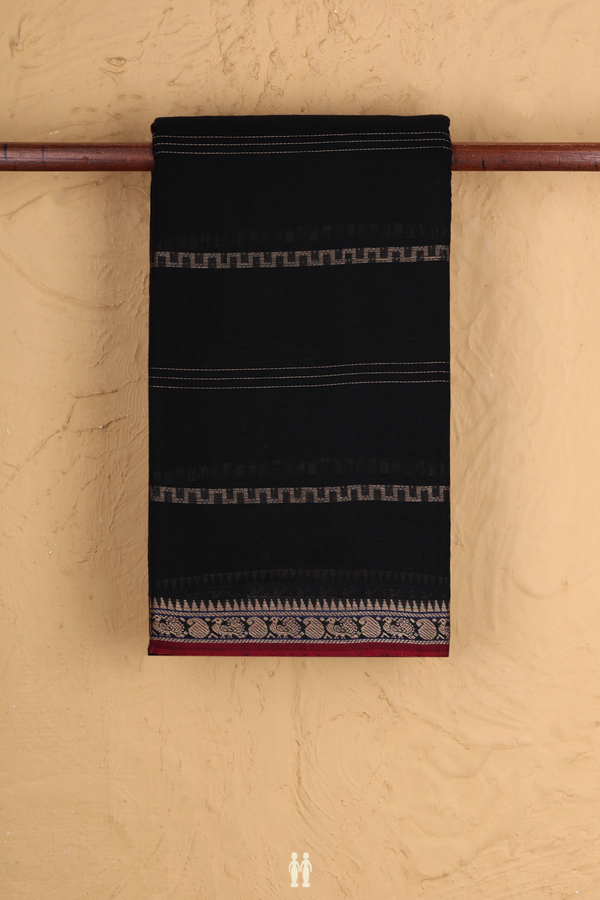 Narayanpet Cotton Saree In Black With Stripes Design
