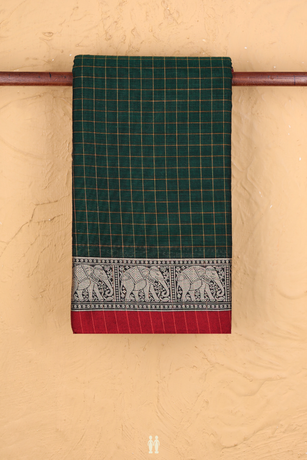 Narayanpet Cotton Saree In Forest Green With Checks Design