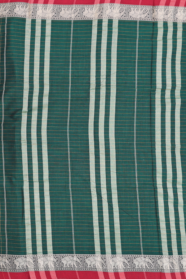 Narayanpet Cotton Saree In Forest Green With Checks Design