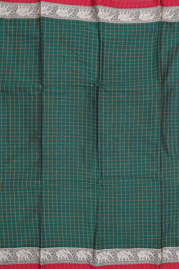 Narayanpet Cotton Saree In Forest Green With Checks Design