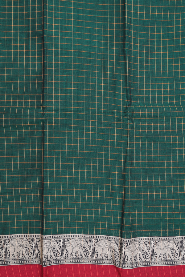 Narayanpet Cotton Saree In Forest Green With Checks Design