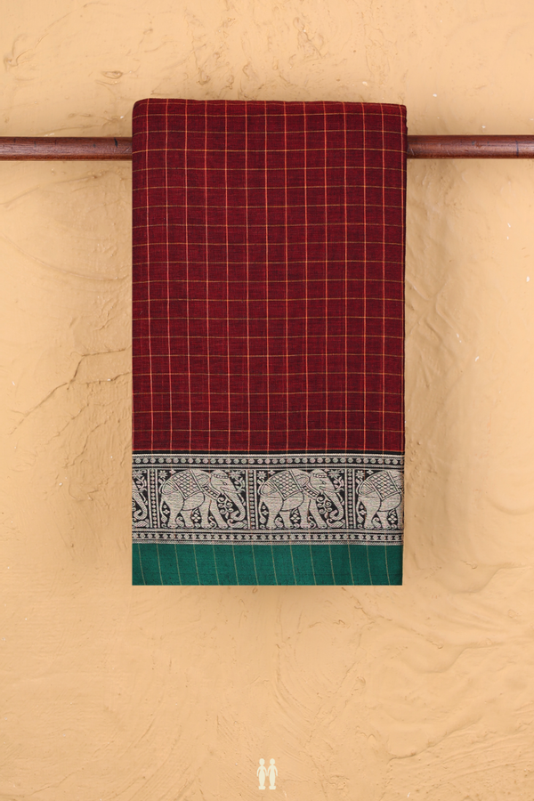 Narayanpet Cotton Saree In Burgundy Red With Checks Design