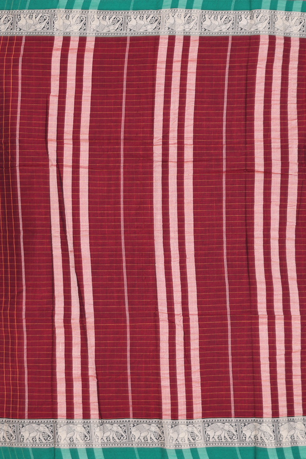 Narayanpet Cotton Saree In Burgundy Red With Checks Design