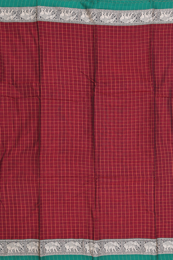 Narayanpet Cotton Saree In Burgundy Red With Checks Design