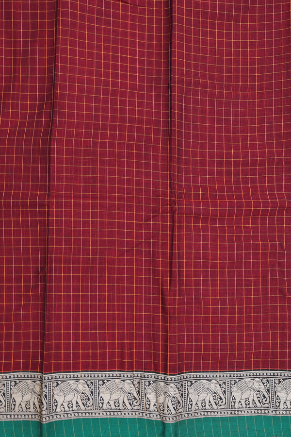 Narayanpet Cotton Saree In Burgundy Red With Checks Design