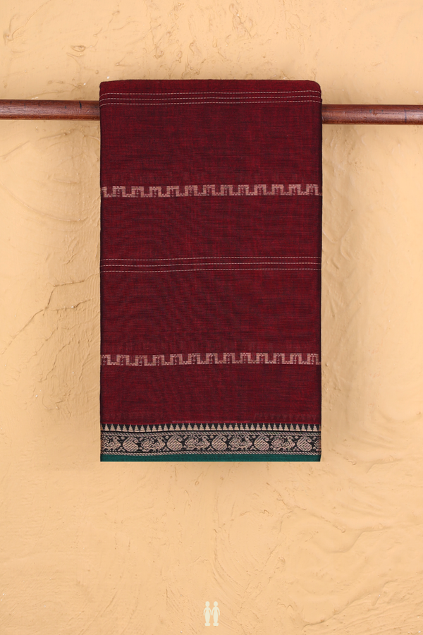Narayanpet Cotton Saree In Burgundy Red With Stripes Design