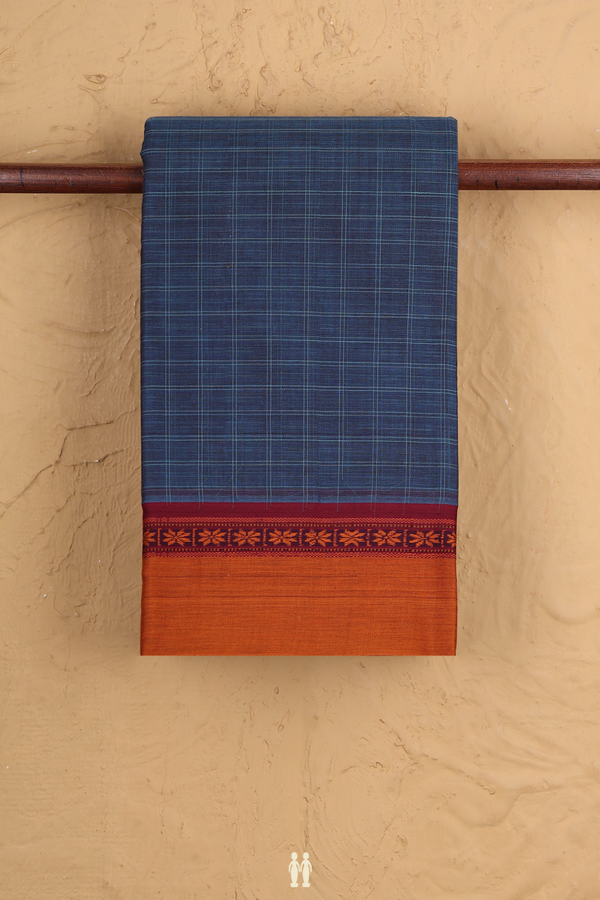 Narayanpet Cotton Saree In Pigeon Blue With Checks Design