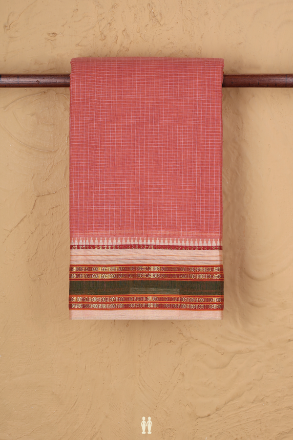 Narayanpet Cotton Saree In Coral Peach With Checks Design