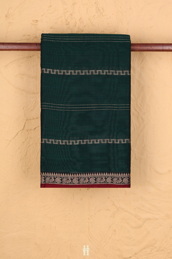 Narayanpet Cotton Saree In Dark Green With Stripes Design
