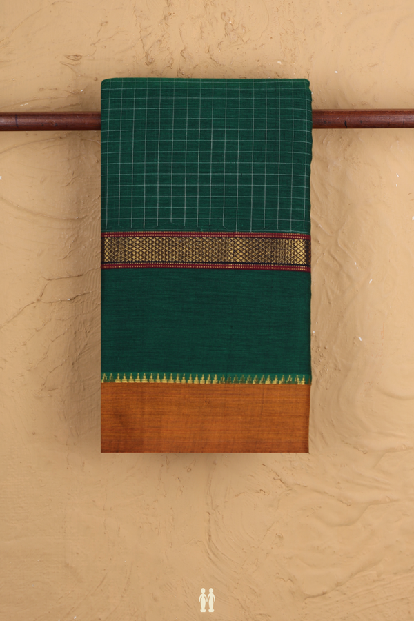 Narayanpet Cotton Saree In Forest Green With Checks Design