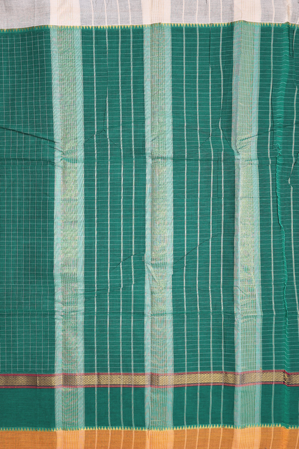 Narayanpet Cotton Saree In Forest Green With Checks Design