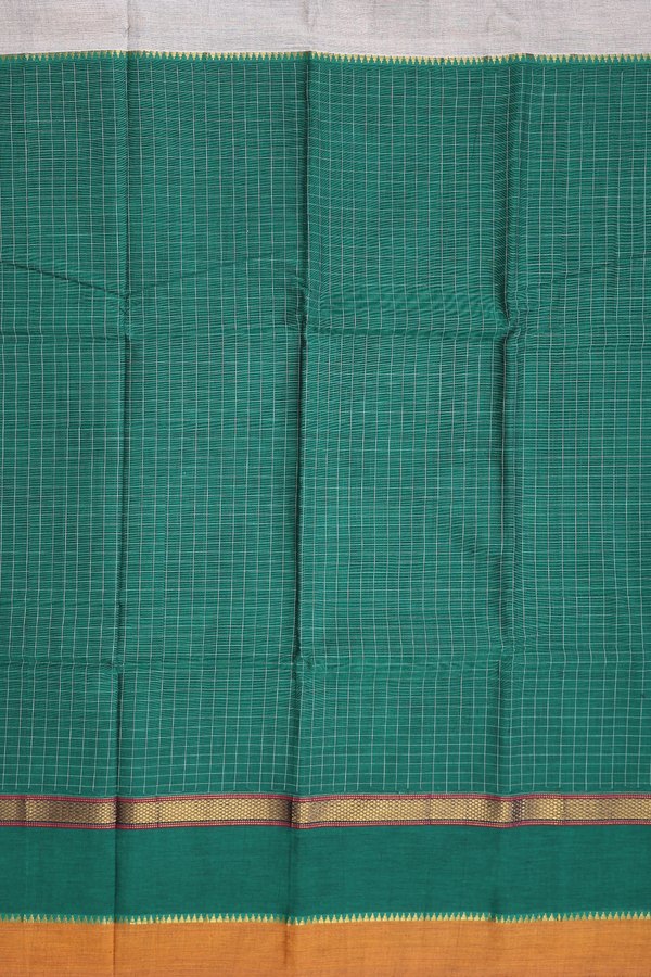 Narayanpet Cotton Saree In Forest Green With Checks Design