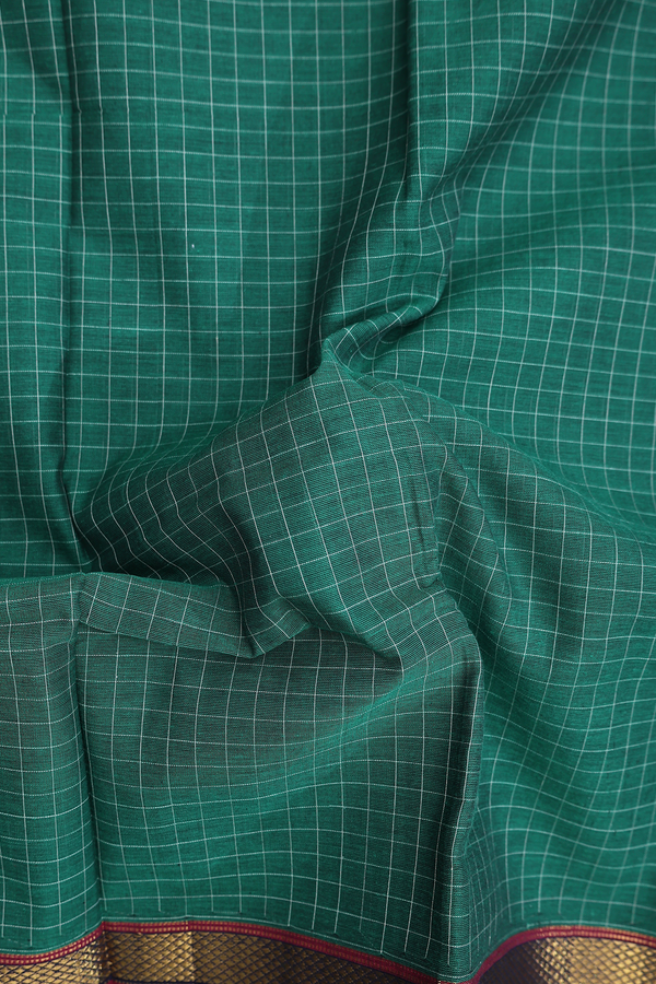 Narayanpet Cotton Saree In Forest Green With Checks Design