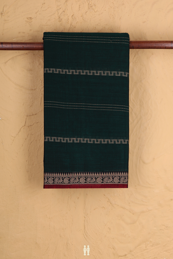 Narayanpet Cotton Saree In Forest Green With Stripes Design