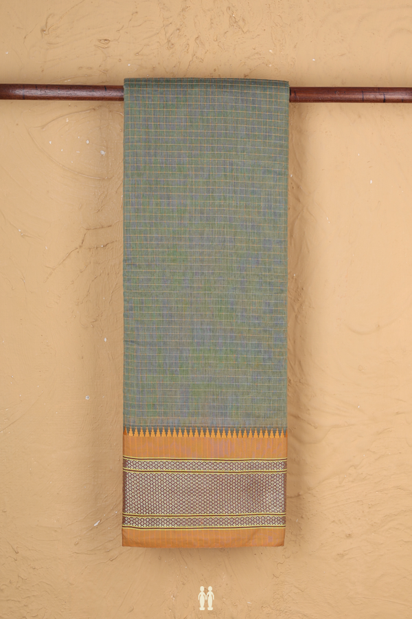 Narayanpet Cotton Saree In Moss Green With Checks Design