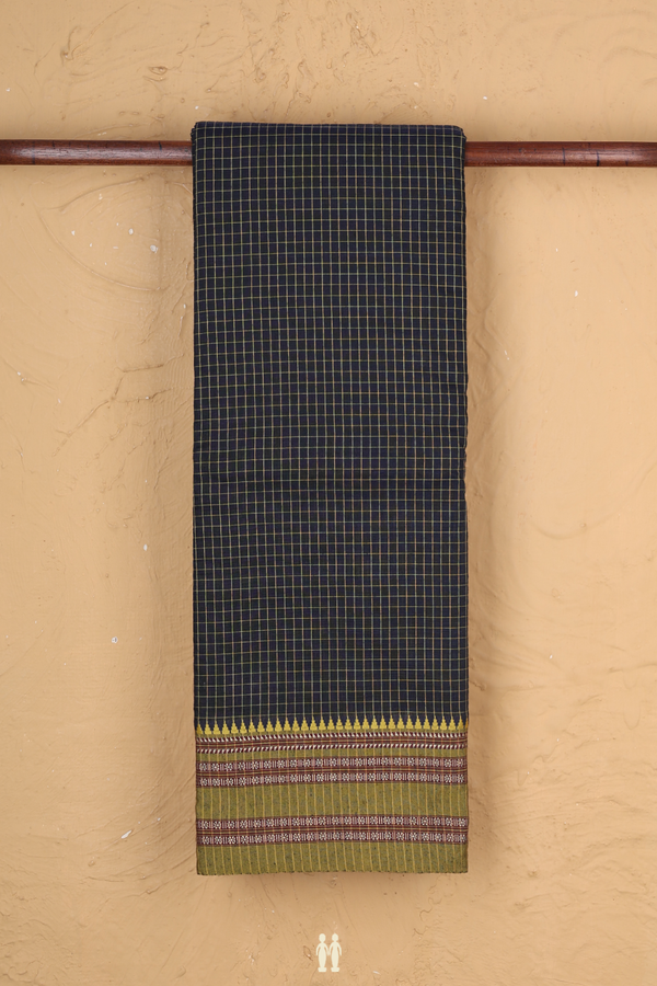 Narayanpet Cotton Saree In Navy Blue With Checks Design