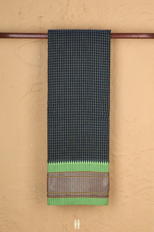 Narayanpet Cotton Saree In Navy Blue With Checks Design