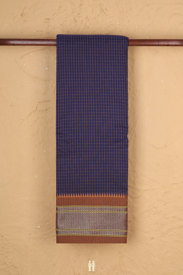 Narayanpet Cotton Saree In Navy Blue With Checks Design