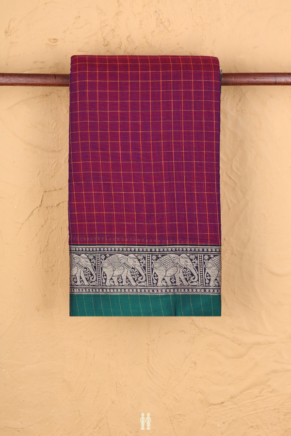 Narayanpet Cotton Saree In Plum Purple With Checks Design