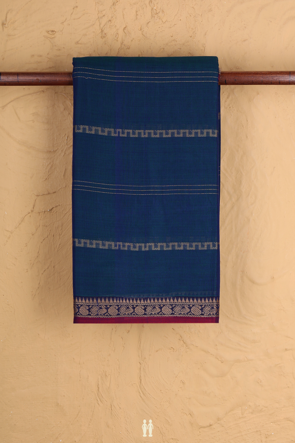 Narayanpet Cotton Saree In Prussian Blue With Stripes Design