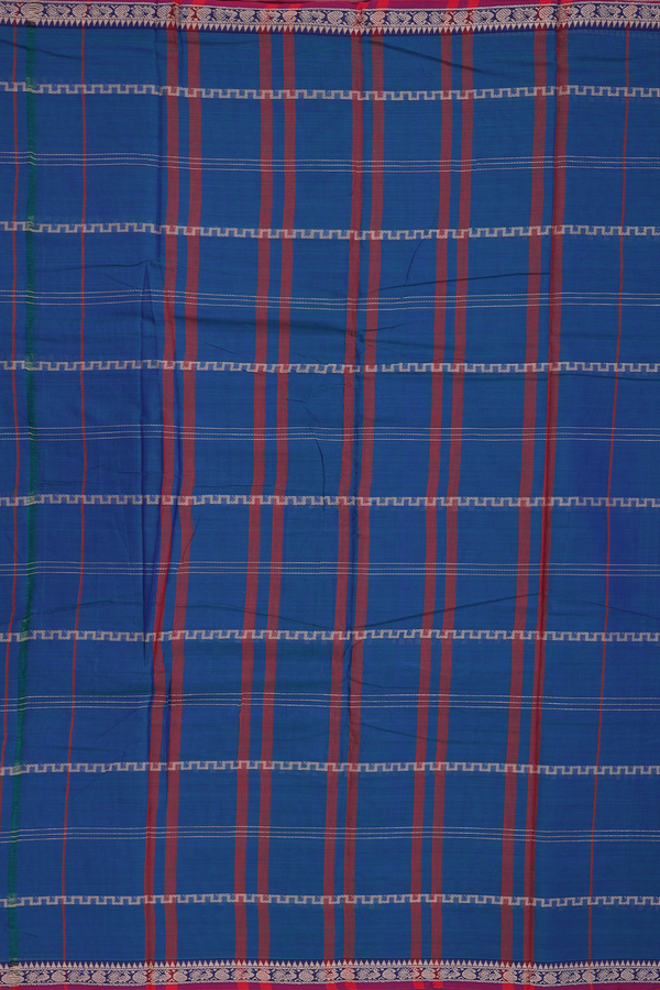 Narayanpet Cotton Saree In Prussian Blue With Stripes Design