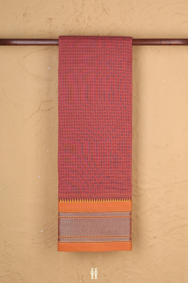 Narayanpet Cotton Saree In Punch Pink With Checks Design
