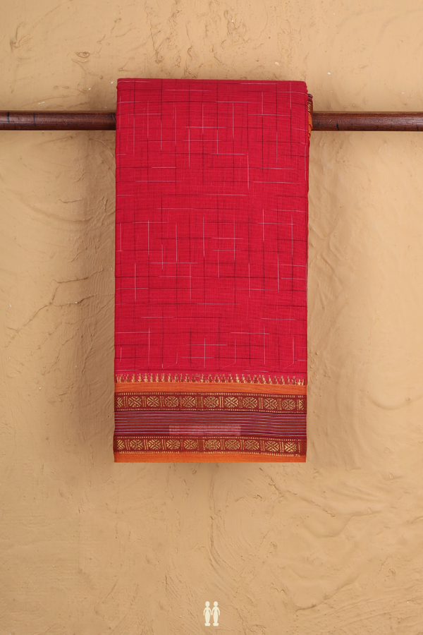 Narayanpet Cotton Saree In Crimson Red With Checks Design