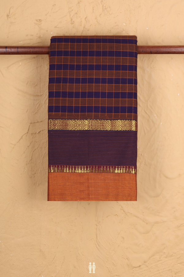 Narayanpet Cotton Saree Purple And Brown With Checks Design