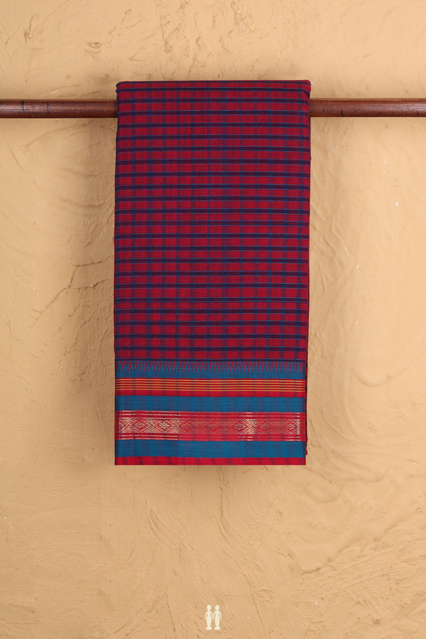Narayanpet Cotton Saree Red And Blue With Checks Design