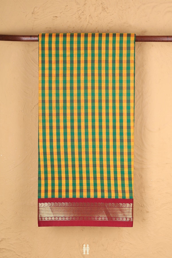 Nine Yards Apoorva Cotton Saree Green And Yellow With Checks