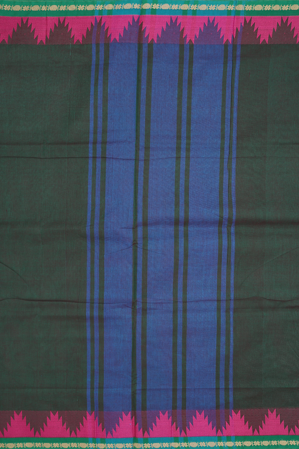Nine Yards Cotton Saree In Dark Green With Threadwork Border