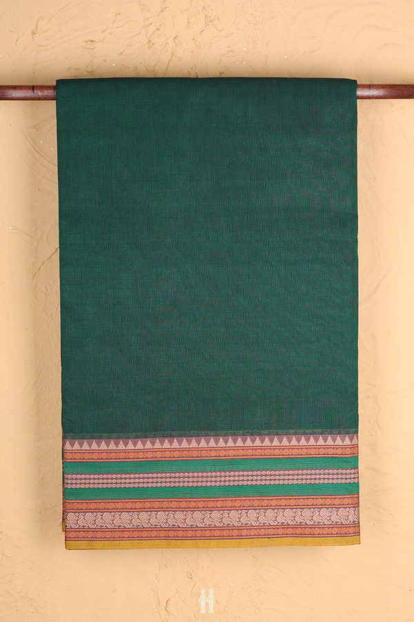 Nine Yards Cotton Saree Forest Green With Threadwork Border