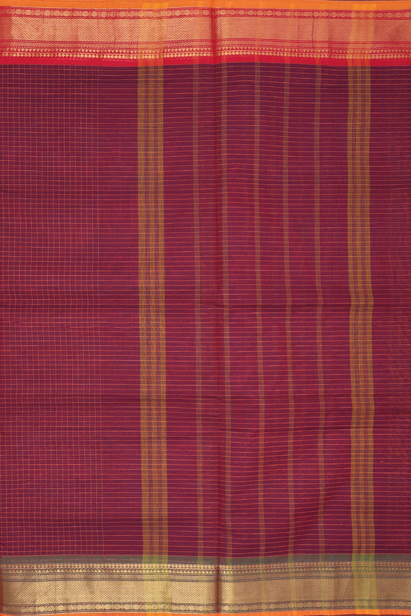 Nine Yards Cotton Saree In Berry Red With Check Design