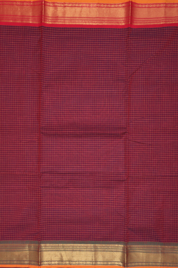 Nine Yards Cotton Saree In Berry Red With Check Design