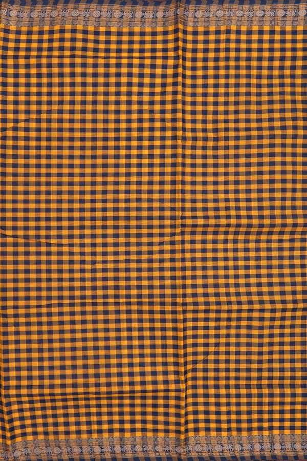 Nine Yards Cotton Saree In Blue And Orange With Checks Design