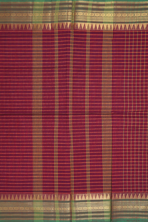 Nine Yards Cotton Saree In Burgundy Red With Checks Design