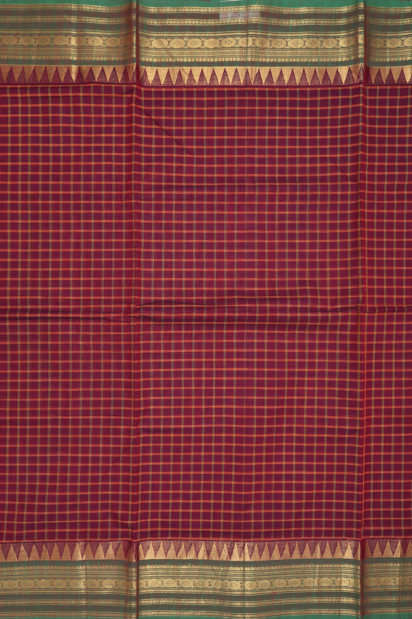 Nine Yards Cotton Saree In Burgundy Red With Checks Design
