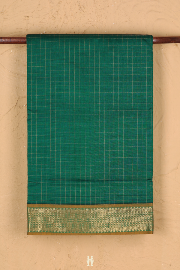 Nine Yards Cotton Saree In Forest Green With Checks Design