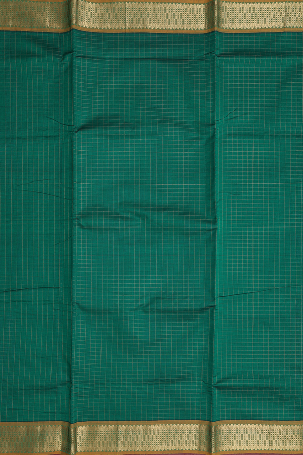 Nine Yards Cotton Saree In Forest Green With Checks Design