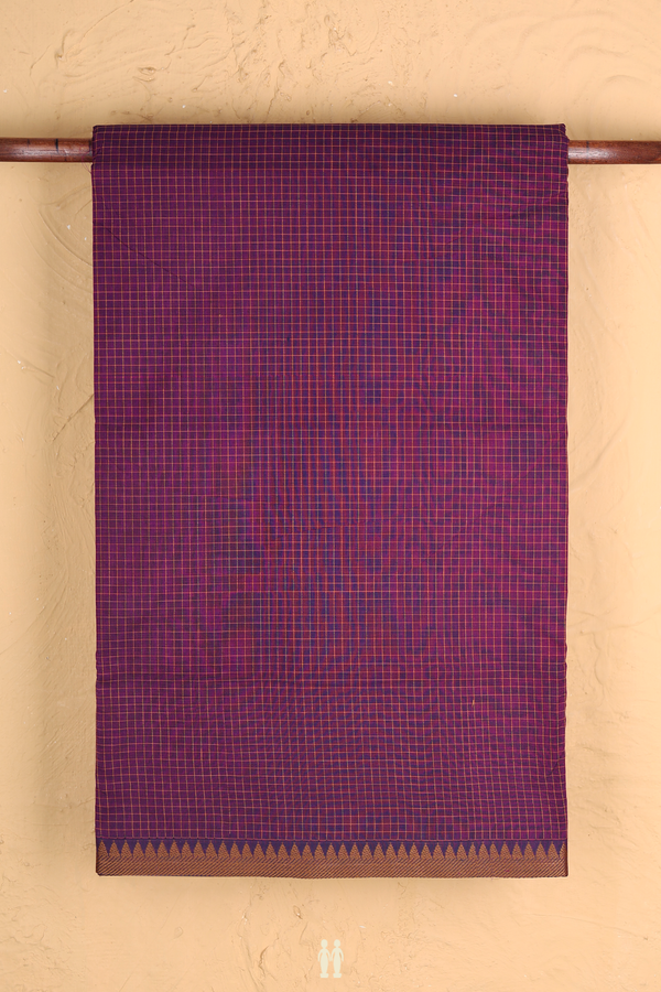 Nine Yards Cotton Saree In Grape Purple With Checks Design