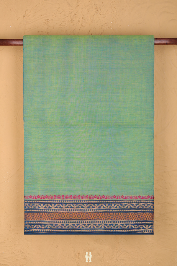 Nine Yards Cotton Saree In Green With Threadwork Border