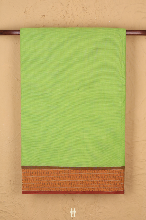 Nine Yards Cotton Saree In Lime Green With Threadwork Border