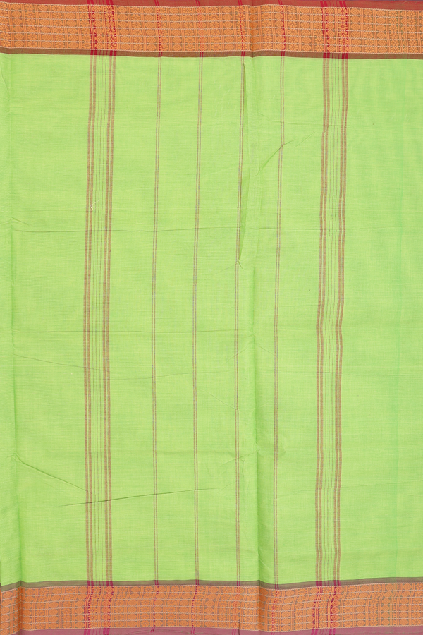 Nine Yards Cotton Saree In Lime Green With Threadwork Border